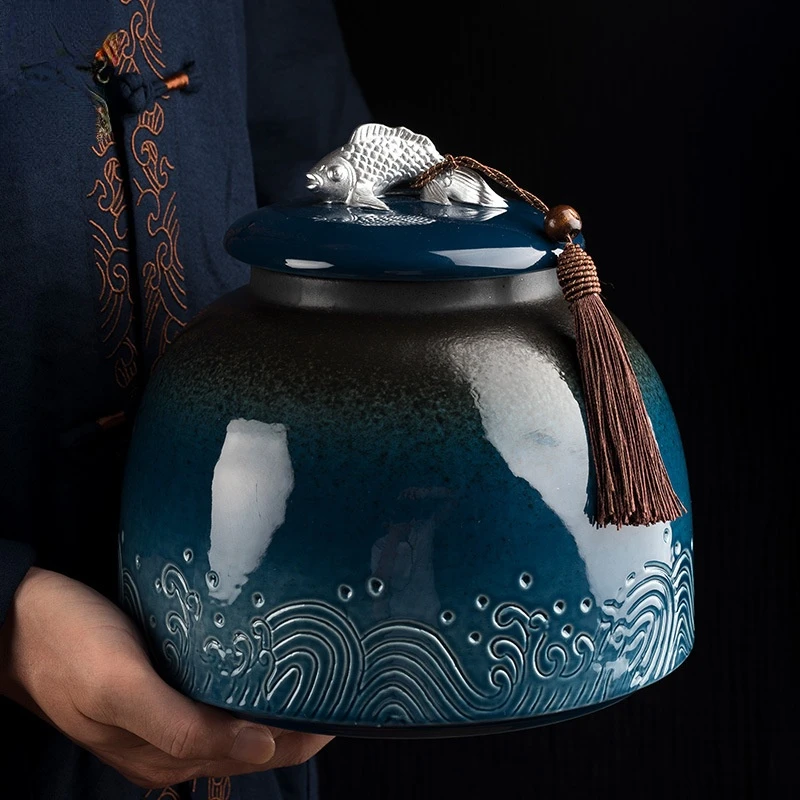 Creative Ocean Wave Silver Fish Ceramic Storage Jar Retro Sealed Tea Tank Exquisite Crafts China Jars Home Decoration Ornaments