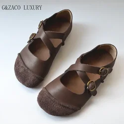 Spring 2024 New Arrival Ugly Cute Cross-buckle Leather Shoes  Retro Literary Soft-soled Shoes College Style Women Shoes