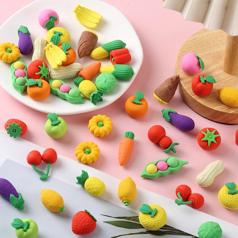 12 Pcs Per Set Cute Fruit Vegetable Eraser Creative Cartoon 3D Erasers Kawaii Stationery Gift for Kids Students School Prizes