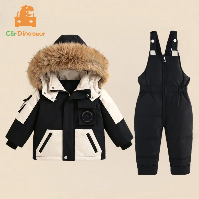2026 New Snow Winter Warm 2 3 4 5 6 Year Children Thicken Fur Hooded Jacket+Overalls Suit 2Pcs Duck Down Set for Kids Girls Boys