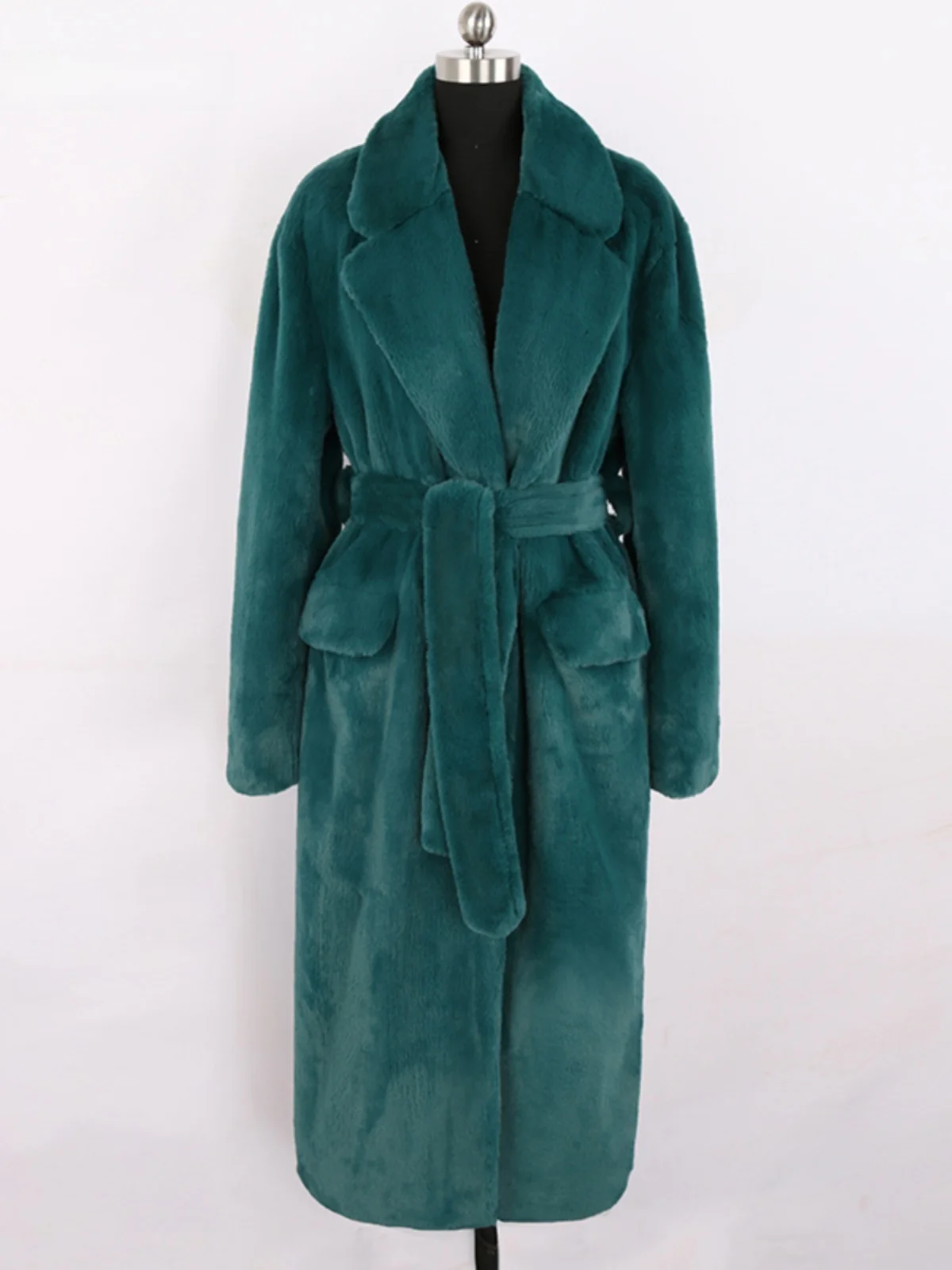 Nerazzurri Women's Long Sleeve Faux Fur Coat Loose Fit Fashionable And Stylish Winter Outerwear with Belt Plush Large Coat