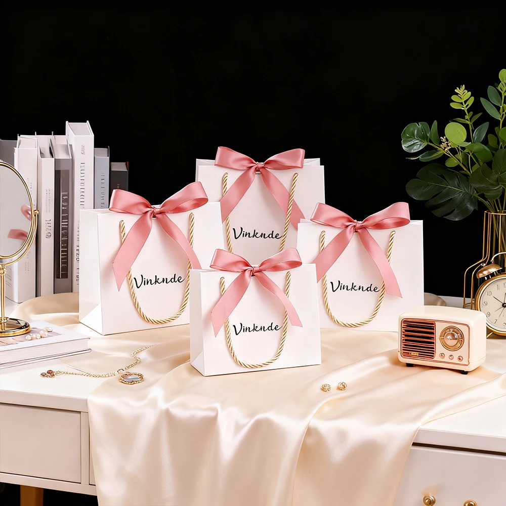 

Personalized Logo 14x6x12cm Jewelry Paper Bag Shopping Travel Gift Pouch With Bow Ribbon Earrings Pendant Lipstick Cake Boxes