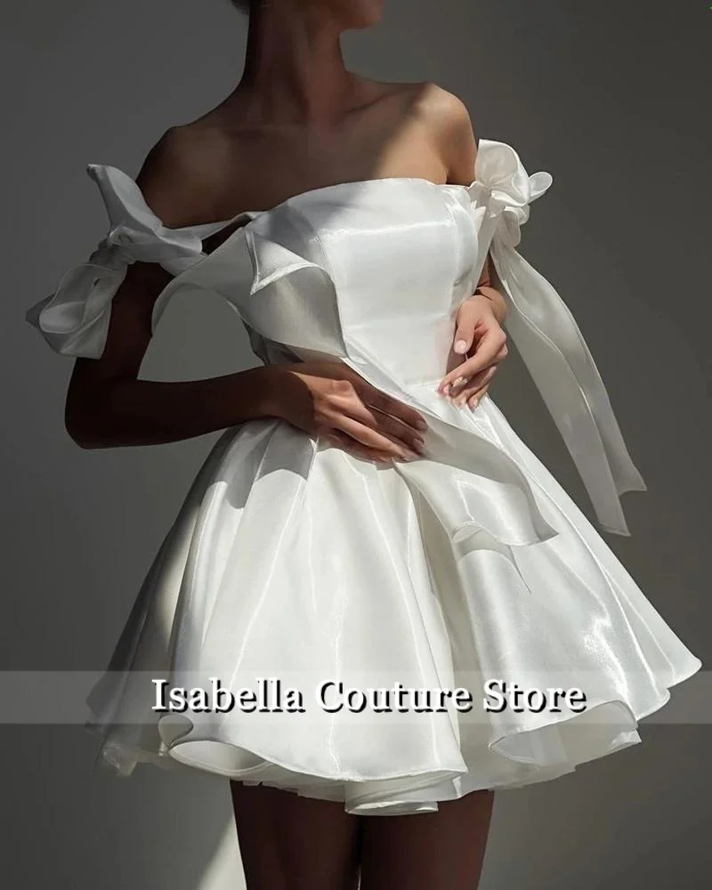 

Simple White Bow Mini Dresses 2025 Aline Cocktail Party Gown Crepe Short Prom Dress Backless Howllow Dress Vestidos Customized