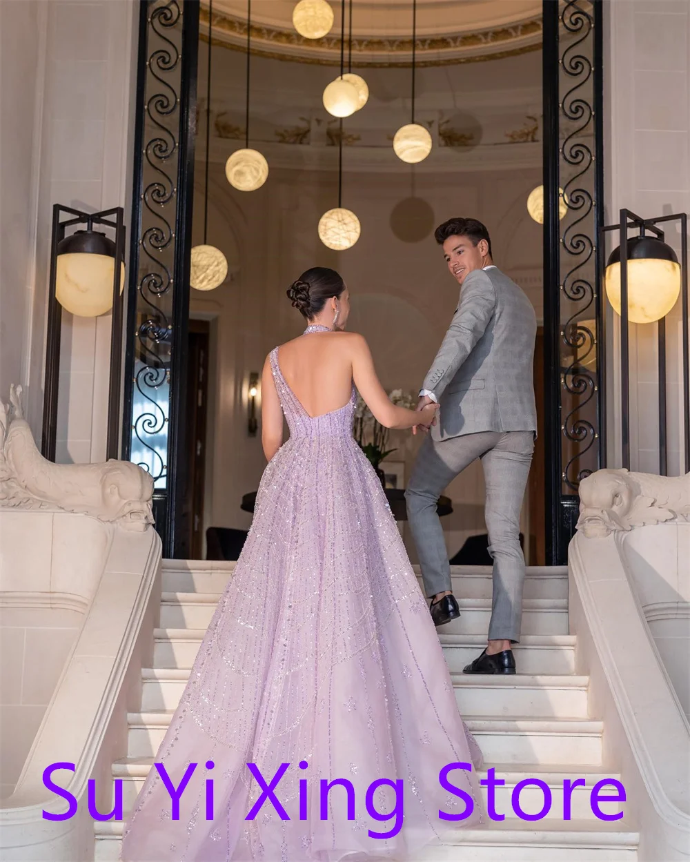 Customized Exquisite Purple  Homecoming Dress Sparkly Crew Neck V-Neck Tiered Crystal Backless  Customized Vestido De Festa