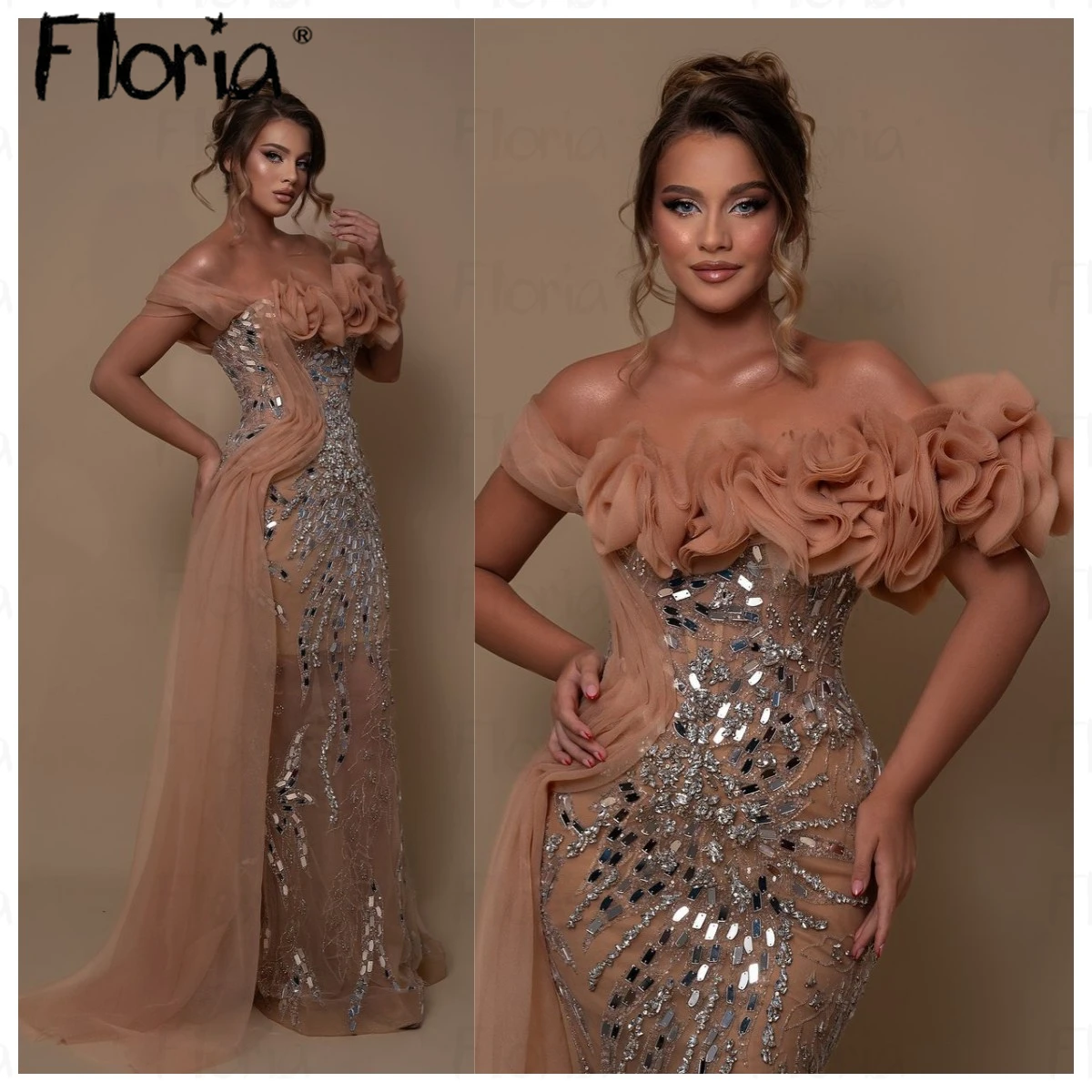 

Floria Gorgeous Champagne Ruffles Evening Dress With Silver Diamond Formal Prom Party Gowns Dubai Special Occasion Dresses