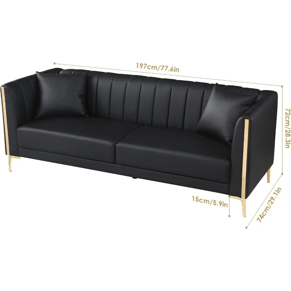 78inch Black Sofas Couches for Living Room,Faux Leather Sofa 3 Seater Sofa with 2 Throw Pillows Gold Metal Legs,Deep Seat Sofas