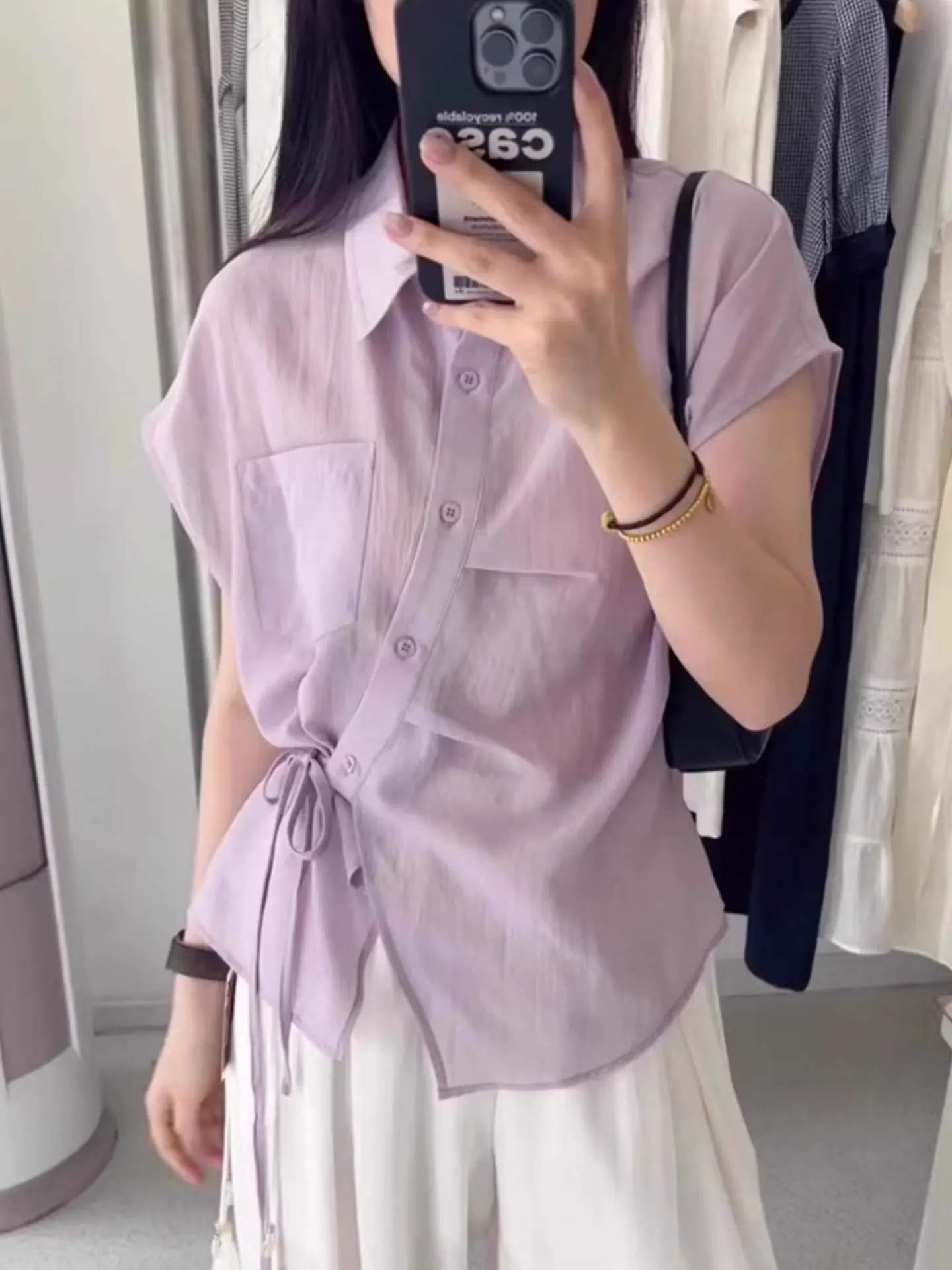 

Корейская женская блузка с коротким рукавом и боковым бантом, летний модный универсальный шелковый топ для молодых женщин