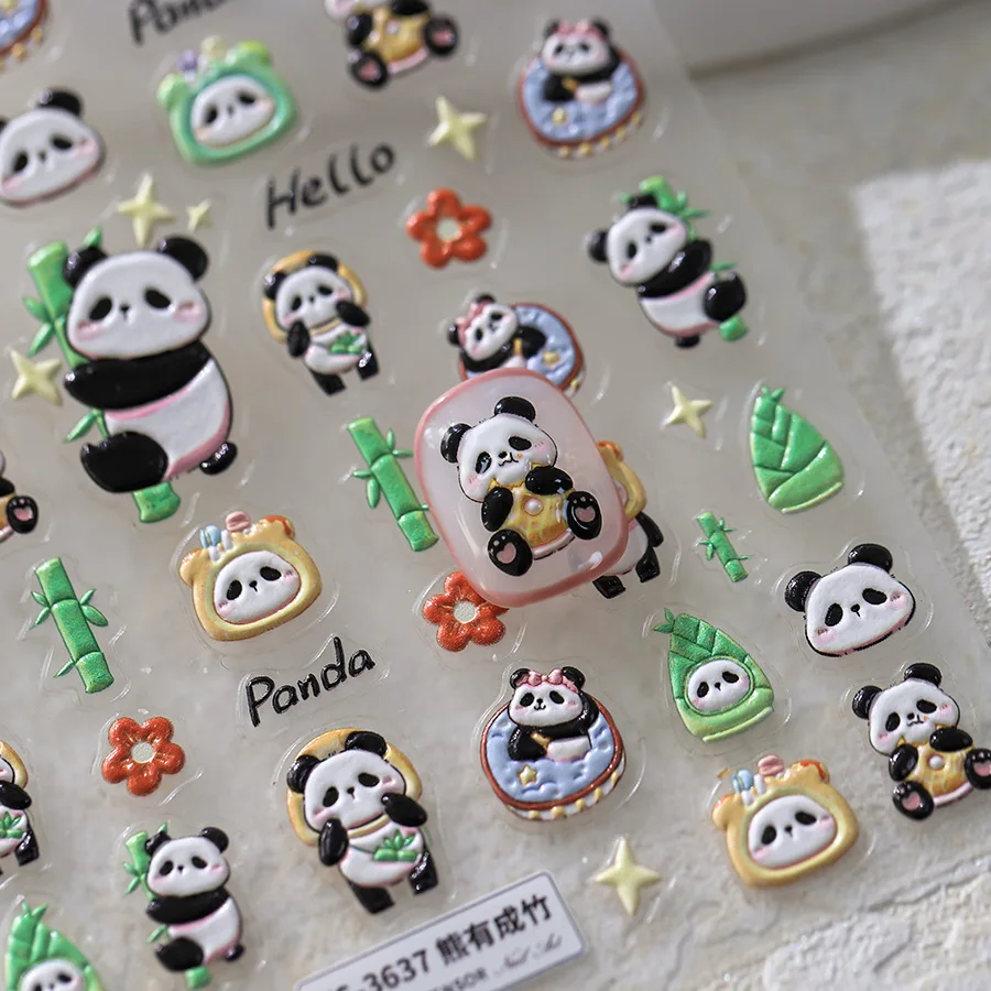 1 Stück 5d niedlichen Panda Nagel aufkleber hochwertige Bambus Blumen kuchen Pudding Eis geprägt selbst klebende Nail Art Aufkleber