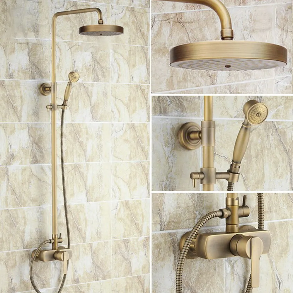 Antique Brass Wall Mounted Rain Shower Faucet Mixer Set with Bathroom Shower Faucet Hand Shower Sprayer