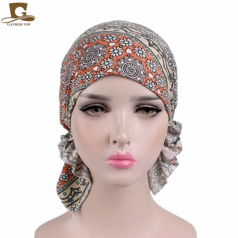 Solid Color Pre-tie Printed Turban For Women Wide Band Beanies Female Stretch Bandana Headwear Night Sleep Hats Cancer Chemo Cap