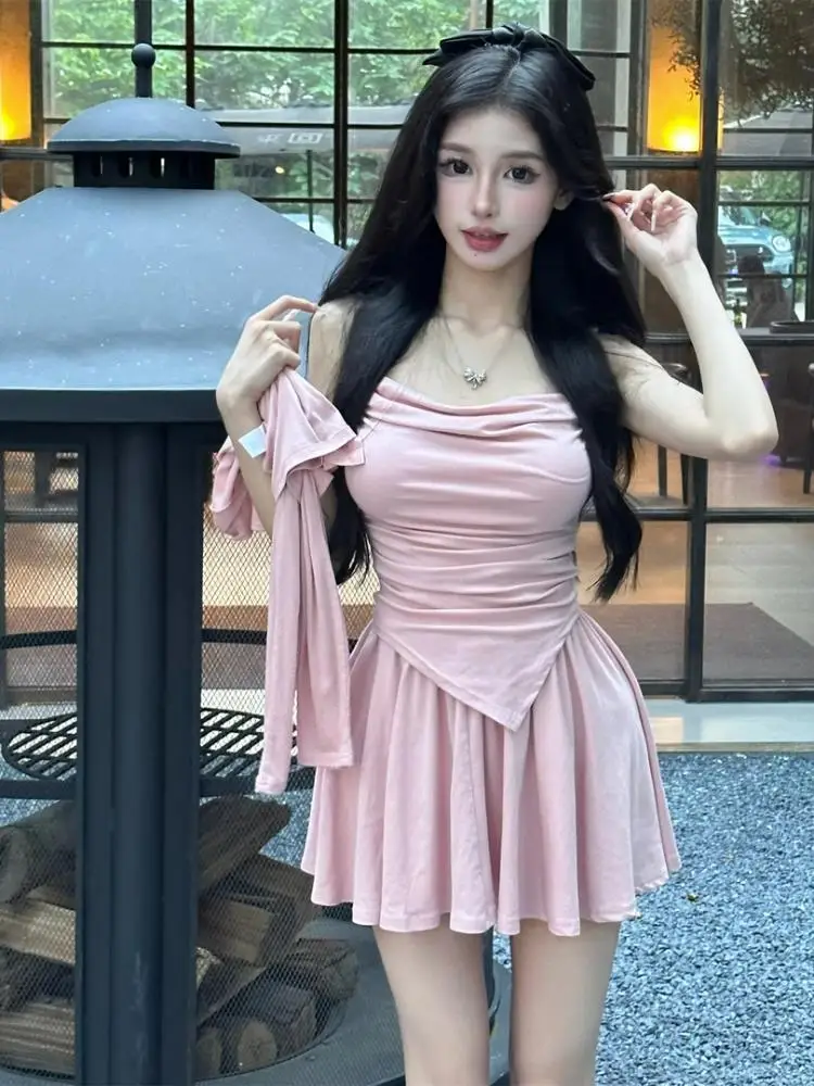 

Spicy Girl Three-Piece Set Women's Spring Summer Irregular Strap Vest Pleated Skirt Open Cardigan Pure Desire Style