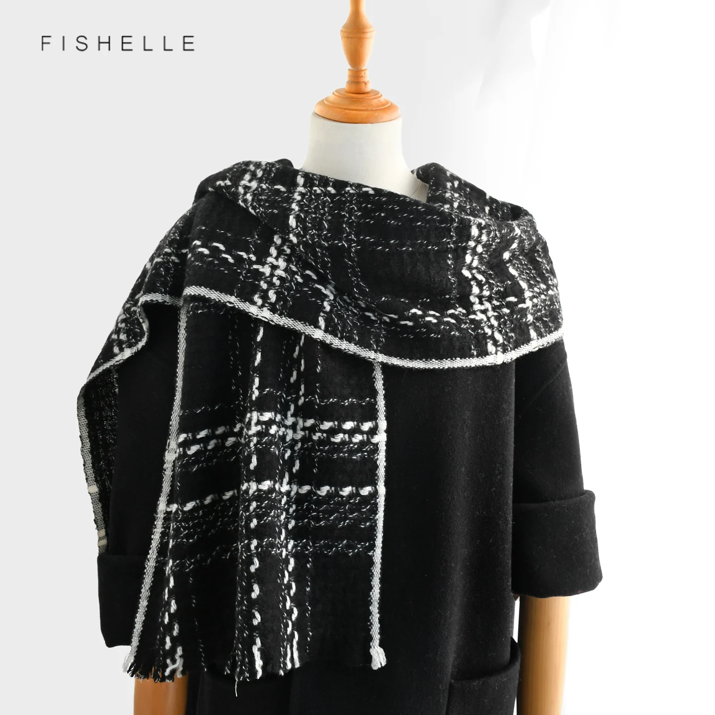 

Классический черный клетчатый шарф из 100% чистой шерсти, зимняя женская теплая шаль, модная толстая накидка, мягкий роскошный женский подарок