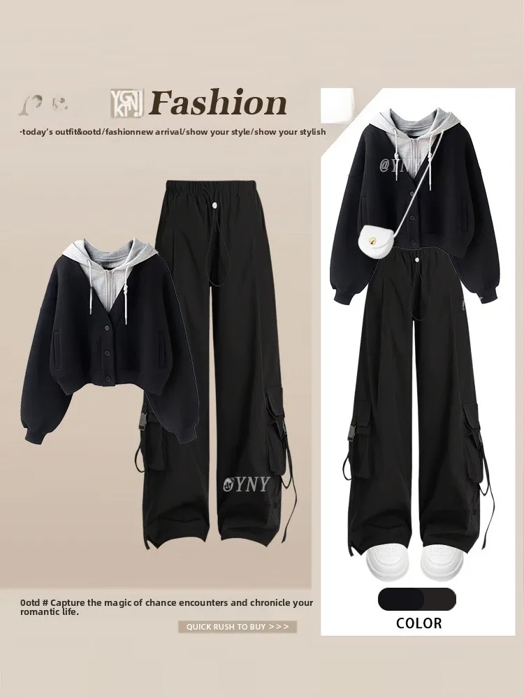 가을 캐주얼 레트로 여성 세트 후디와 와이드 레그 워크웨어 팬츠 투피스 수트 한국 슬림 효과 학생복