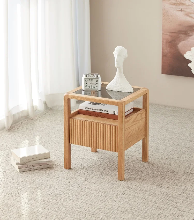 K3023 أثاث غرفة نوم من الخشب الصلب الاسكندنافي طاولة بجانب السرير زجاجية