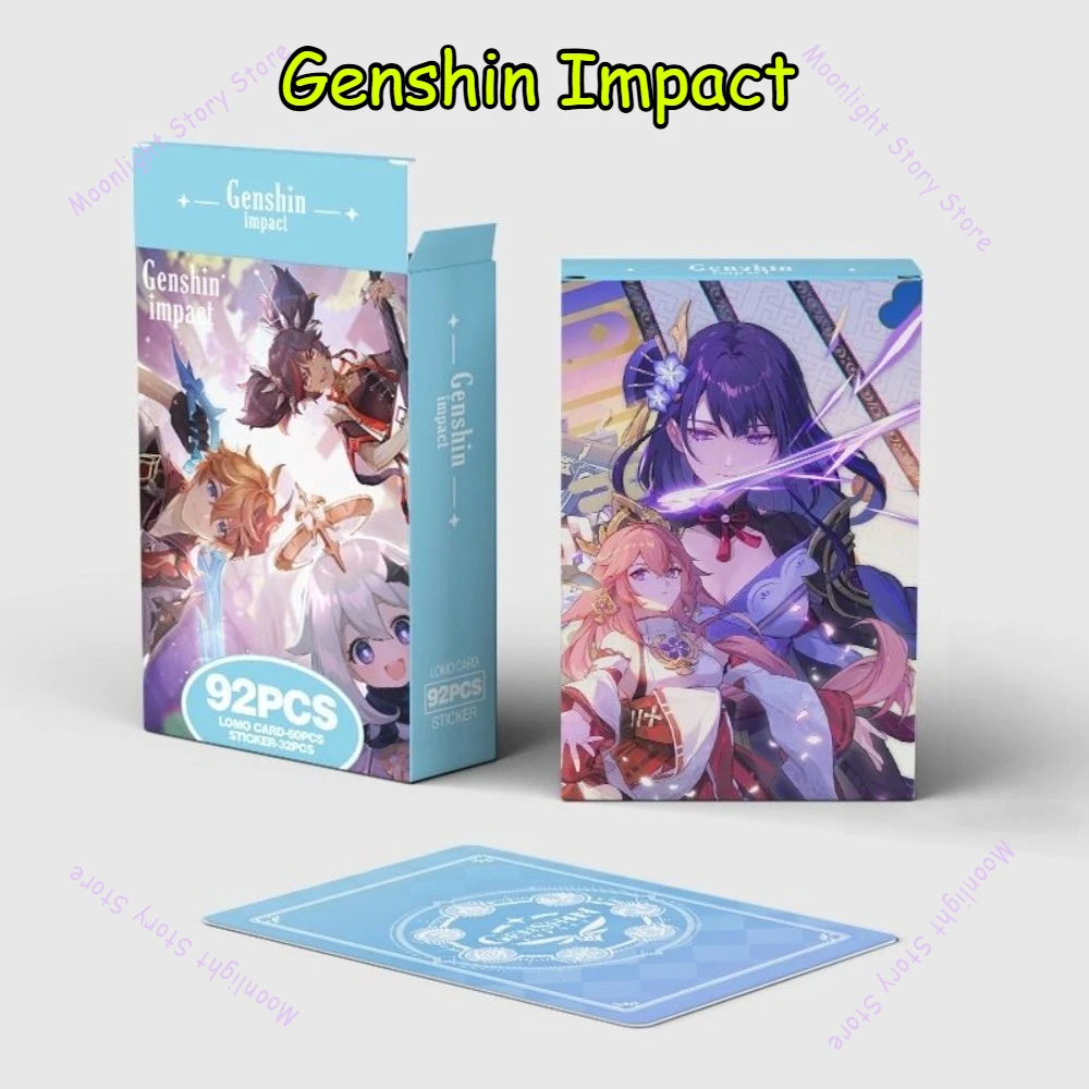 92 Uds Genshin pegatinas de tarjetas de impacto Zhongli Diluk nogal Klee Xiao Palace Dishia Thunder tarjeta de colección General regalo para fanáticos