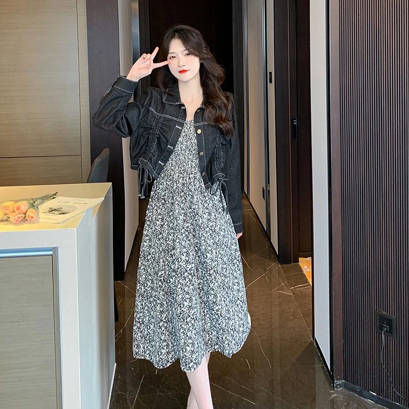 

Two-piece Women's Spring 2023 New Floral Suspender Dress Mid-length Dress + Single-breasted Drawstring Slim Denim Jacket Suit