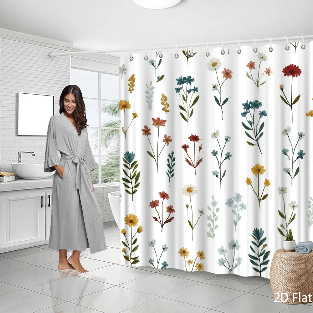 

Shower Curtain Floral Botanical Print White Yellow Blue Flowers Green Leaves 2D Flat Printing Polyester 70.8x70.8 Inch