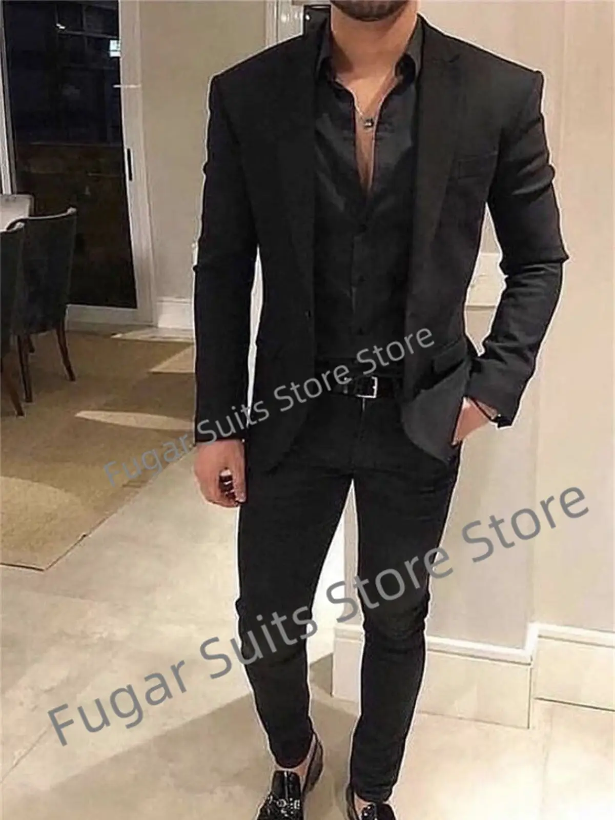 

Luxuly Business Black Wedding Men Suits Slim Fit Notched Lapel Groom Tuxedos Prom 2Pieces Sets Classic Male Blazer Costume Homme