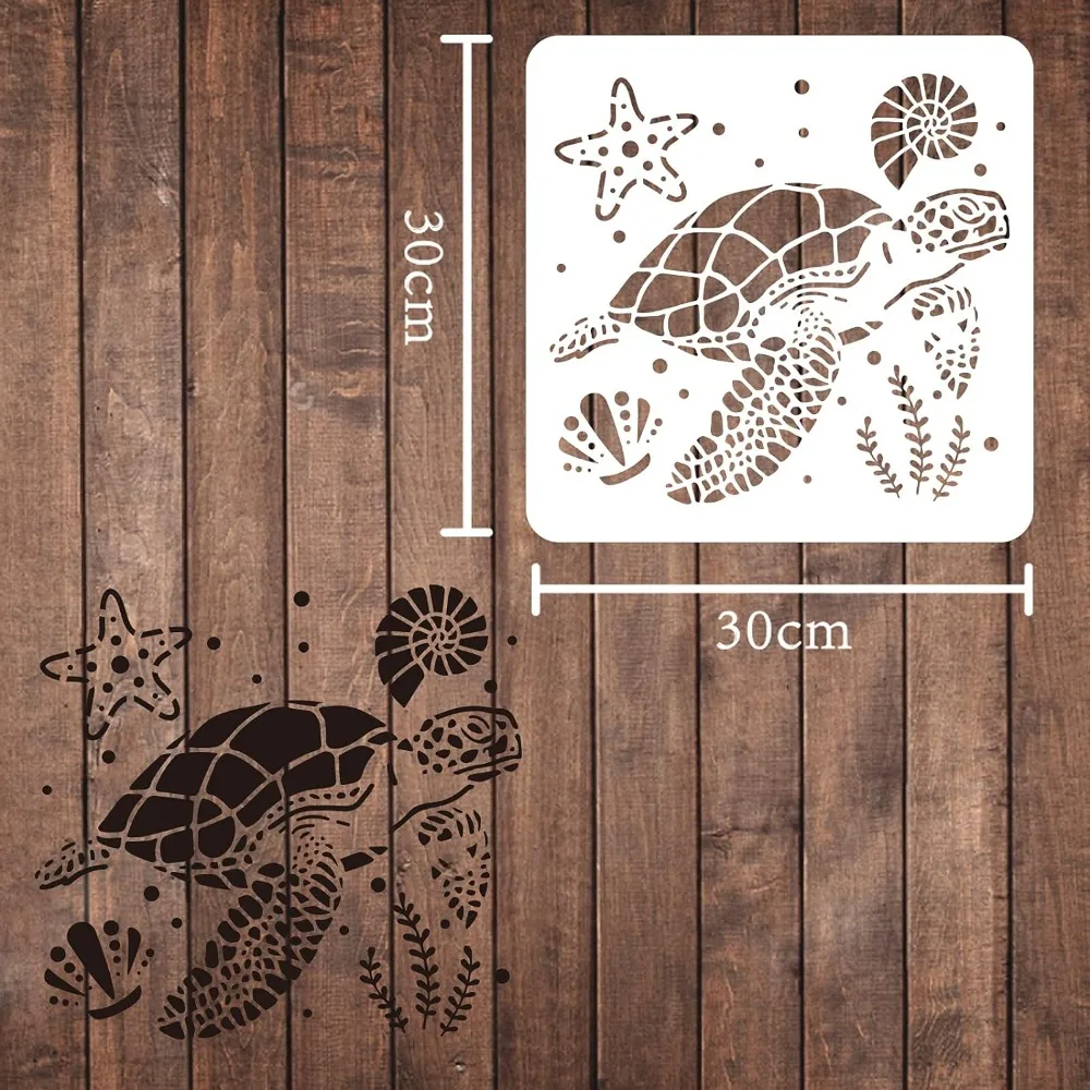 Tortoise Stencils 11.8x11.8 inch Sea Animal Templates Plastic Starfish Seaweed Conch Shell Pattern Painting Stencils Reusable