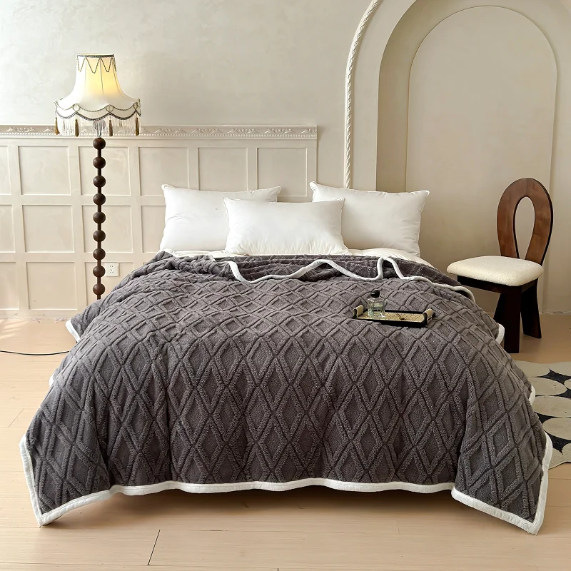 1pc Plush Tafu Fleece-like Coral Fleece Blanket - Thick Soft Bedspread, Sofa & Dorm Throw, Grey Beige Bed Cover