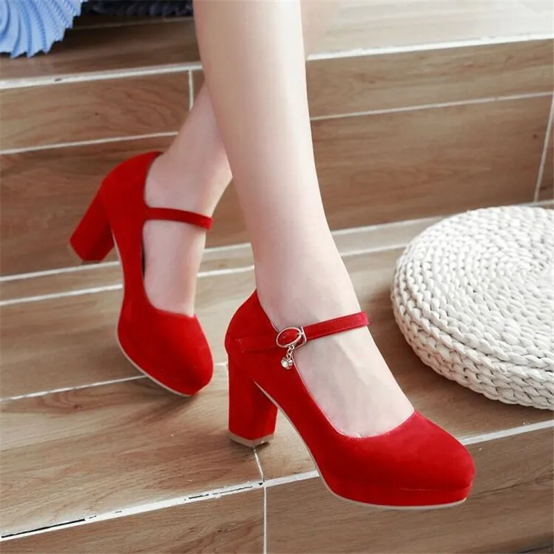 Women Pumps Ankle Strap Red Bridal Wedding Party Platform Dress High Heel Shoes Suede Ladies Black Office Shoes 32-43