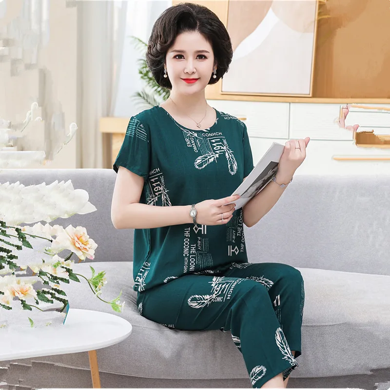 UHYTGF Mom Big Size Pajamas Printed Thin Cotton Linen Comfortable Summer Two Piece Set Sleepwear Women Casual Pants Top Suit2412