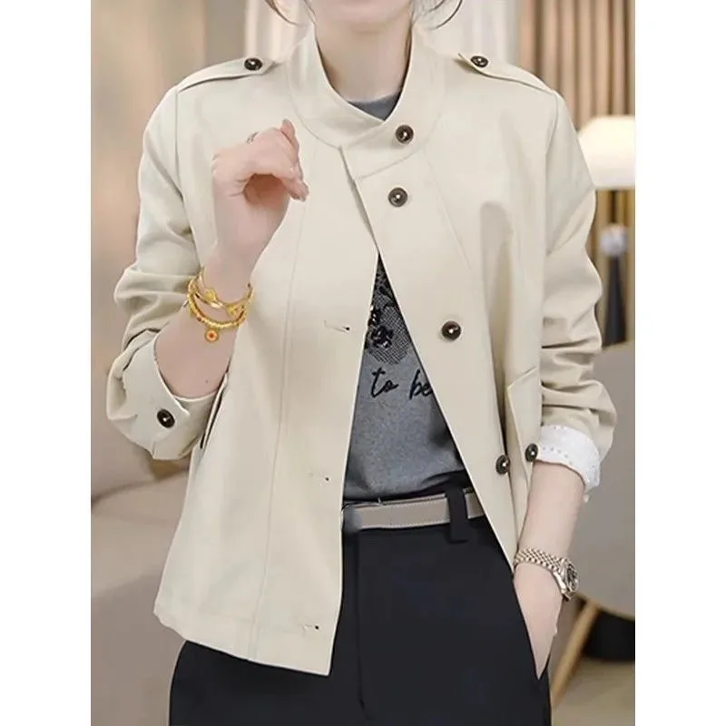 

Female Fashion Stand Collar Loose Coat Spring Autumn Ladies Long Sleeves Short Jacket Korean Women Drawstring Patchwork Outwear
