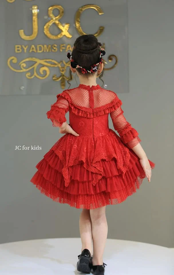 BABYONLINE Flower Girl Dress Princess High Neck Red Lace Bodice with Fluffy Skirt Ball Gown Wedding Party Junior Bridemini