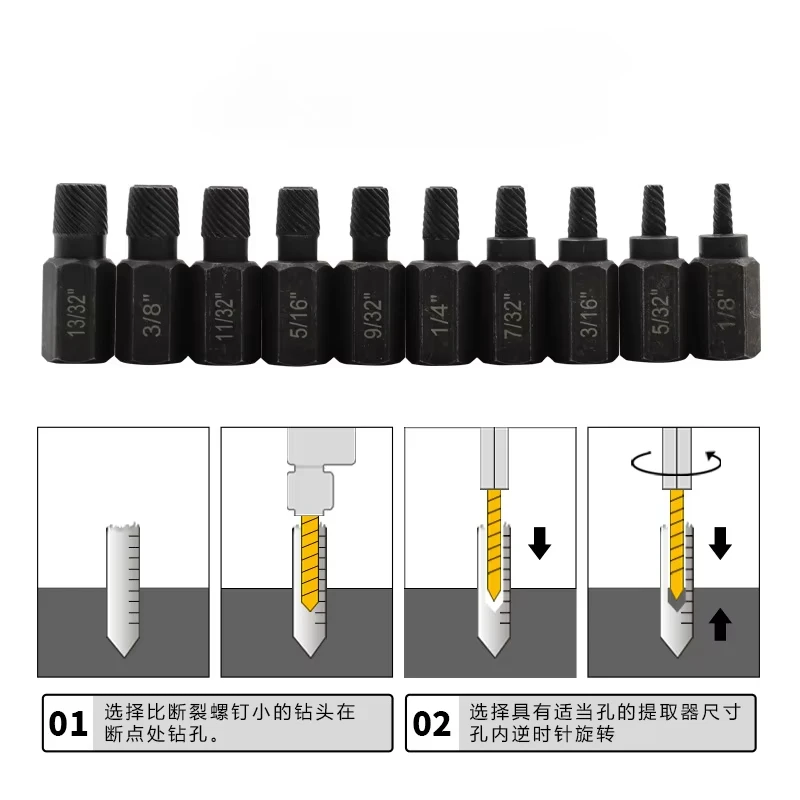 Broken Head Bolt Nut Extractor Broken Head Socket Head Bolt Removal Tool 10pcs Alloy Steel Lossy Screw Extractor Kit