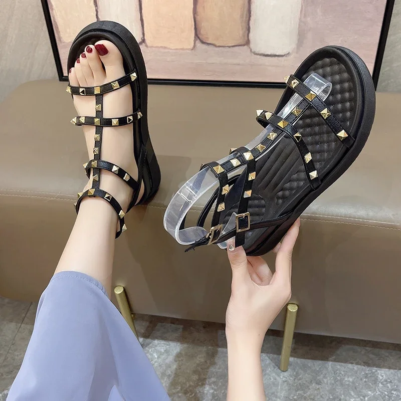 Women\'s Shoes on Sale 2024 Fashion Open Toe Women\'s Sandals Summer Rivet Solid Outdoor Platform Casual Sandals Zapatos Mujer