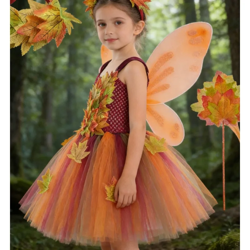 

Европейско-американское пышное платье-пачка из фатина с кленовым листом для девочек на Хэллоуин и День Благодарения