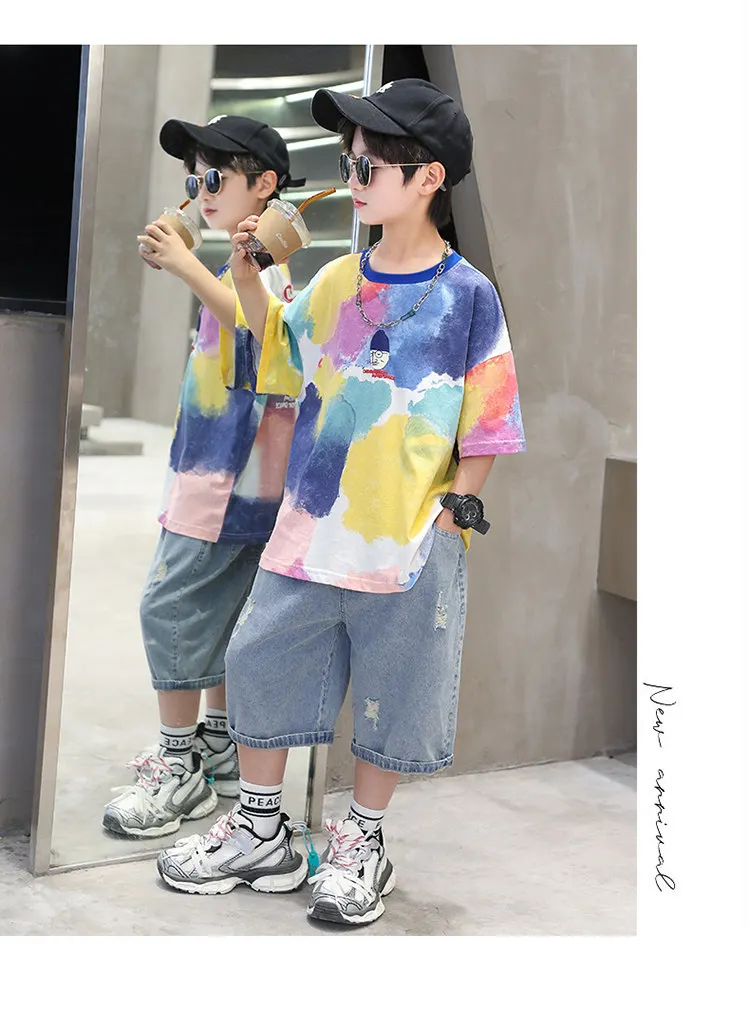 Sommer Tie-Dye Coole Kinder Jungen Freizeit-Oberteile Bedrucktes Trendiges Kinder-T-Shirt Kurzarm Teenager-T-Shirts Baumwoll-T-Shirt 4-14 Jahre Alt – Detail 3