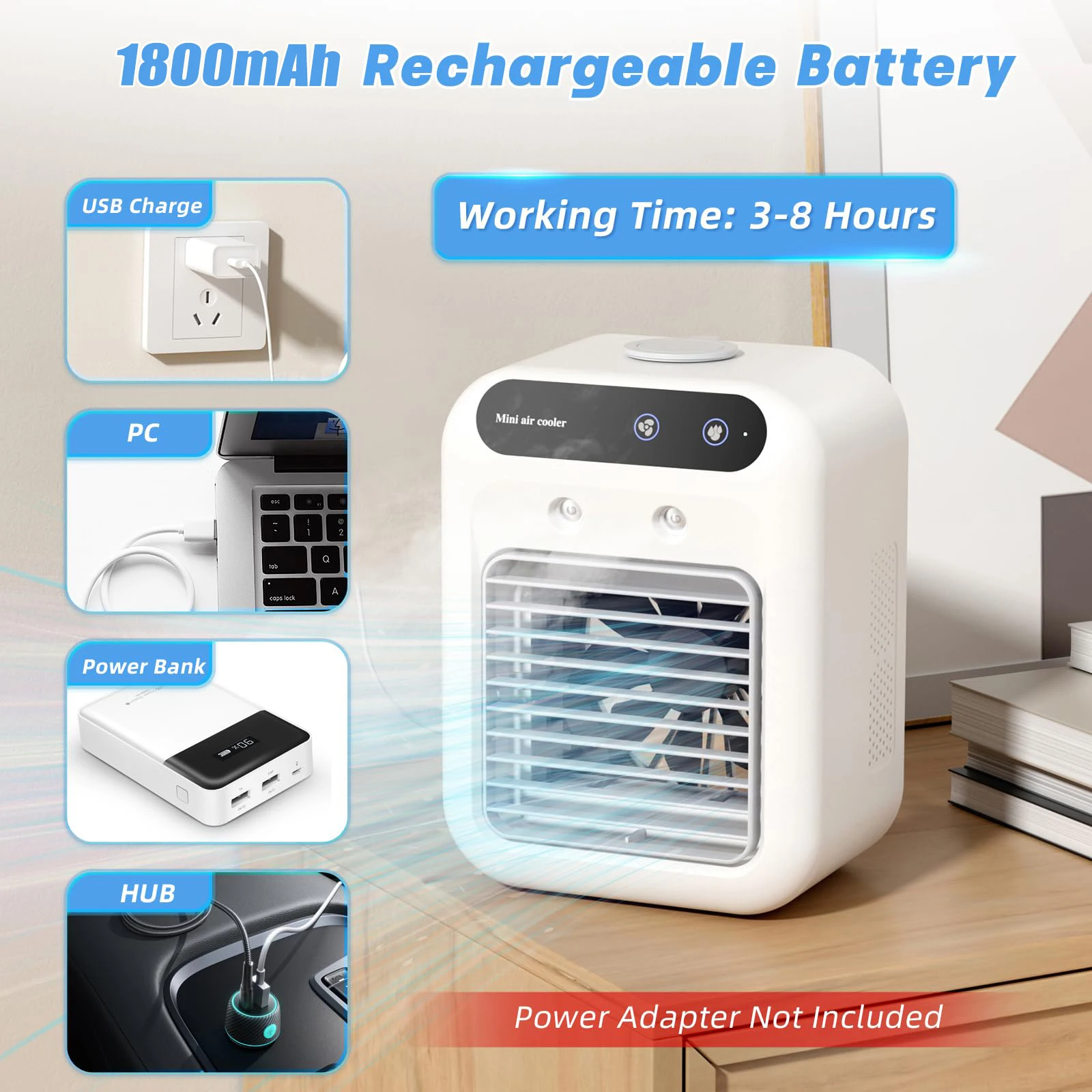 

Portable Air Conditioners 2 Speed USB Humidifier 2-8H Timer Quiet Lightweight Cooling Fan Mini Air Cooler for Room Dormitory Car