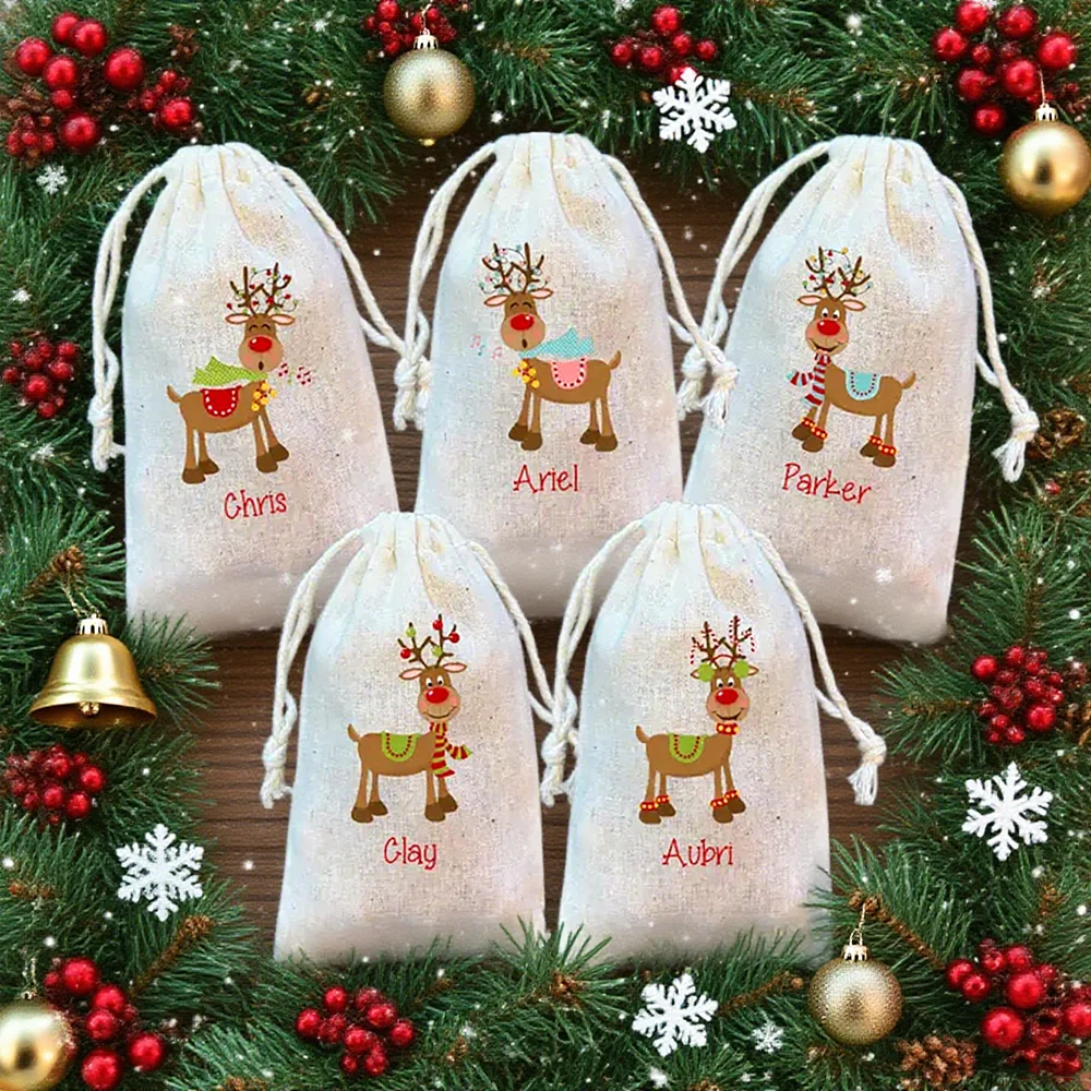 Bolsas de regalo de Navidad de Reno personalizadas, bolsa de recuerdo de Feliz Navidad, bolsa de regalos, regalo de vacaciones de Papá Noel, recuerdos de fiesta para niños de Claus