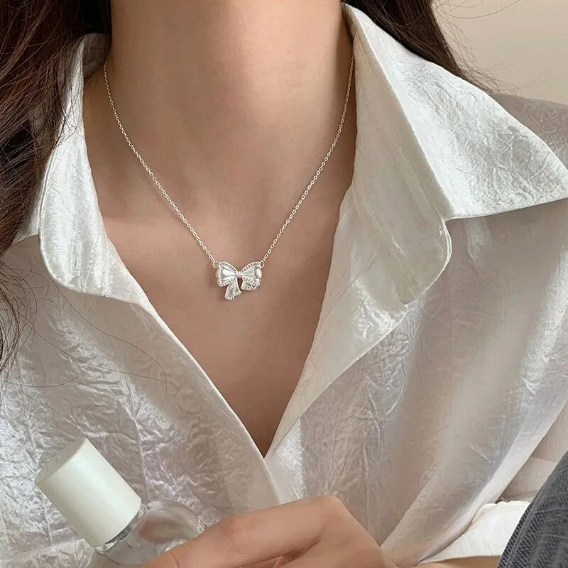 S925Sterling Silver Bow Necklace Women Light Luxury Minority Brushed High-Grade Clavicle Chain Sweet Elegance Pendant Neck A