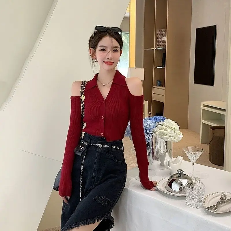 Autumn New Arrival Women's Knitted Shoulder-Bare Top Sexy Pure Desire Long Sleeves Trendy Halter CardiganYY179
