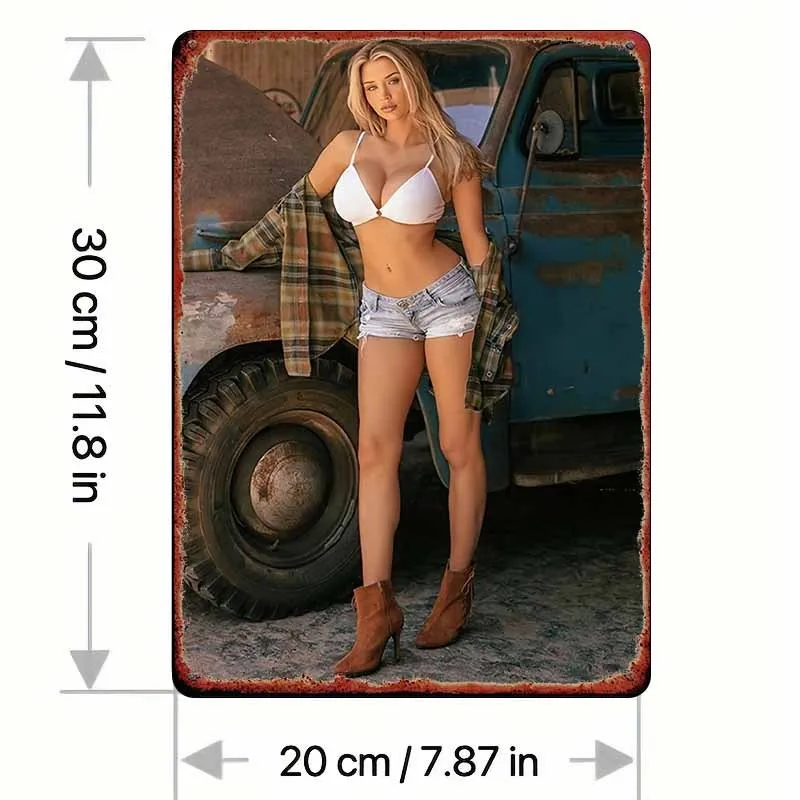 2027Vintage Truck Tin Metal Sign with Pin-Up Girl Retro Wall Art for Garage Bedroom Bar Decor
