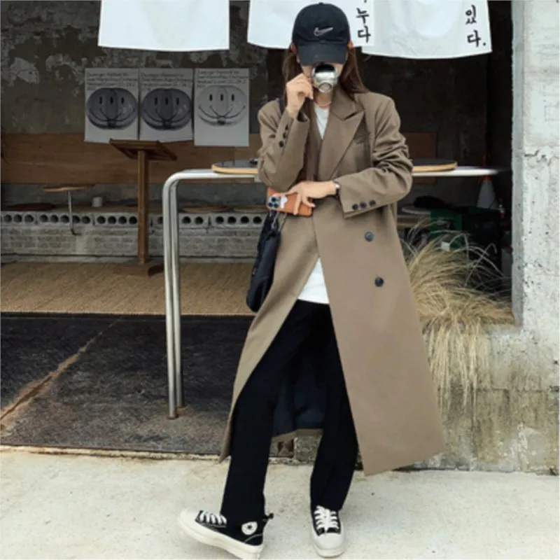 

Women's double-breasted windbreaker suit casual and elegant long overcoat