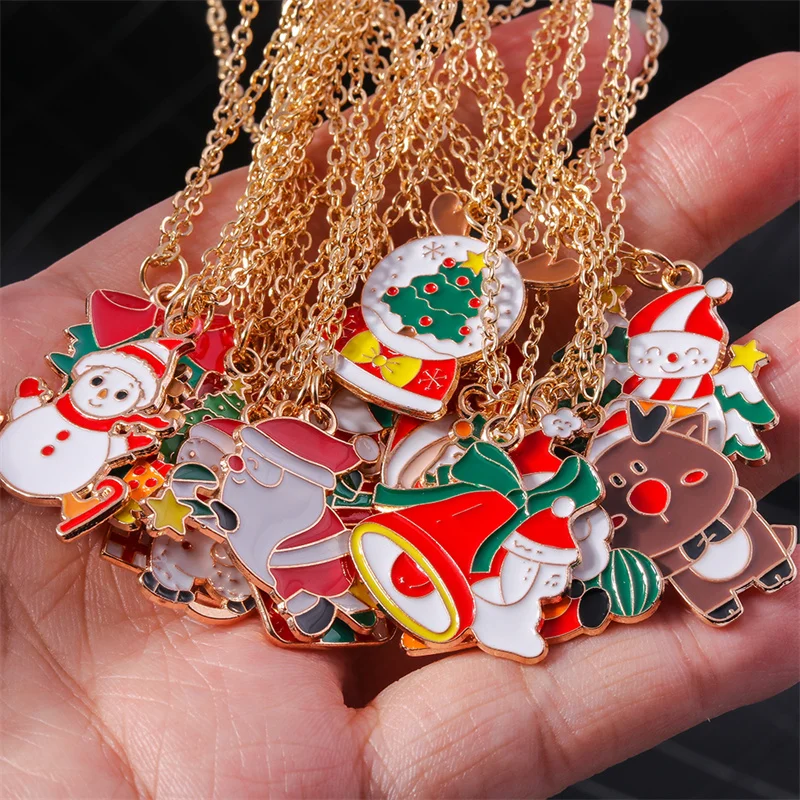 Leslie Fashion Christmas Necklace Sets Enamel Santa Claus Bell Snowflake Deer Tree Pendant Necklace For Women New Year Gifts