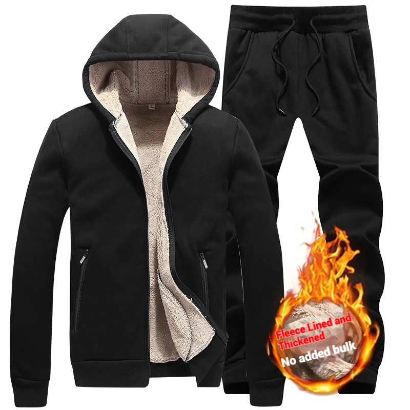 

2025 New Mens Wool Two Piece Set Plush Hoodie Thick Cardigan Sweater Warm Winter Casual Soft Fleece Outfit