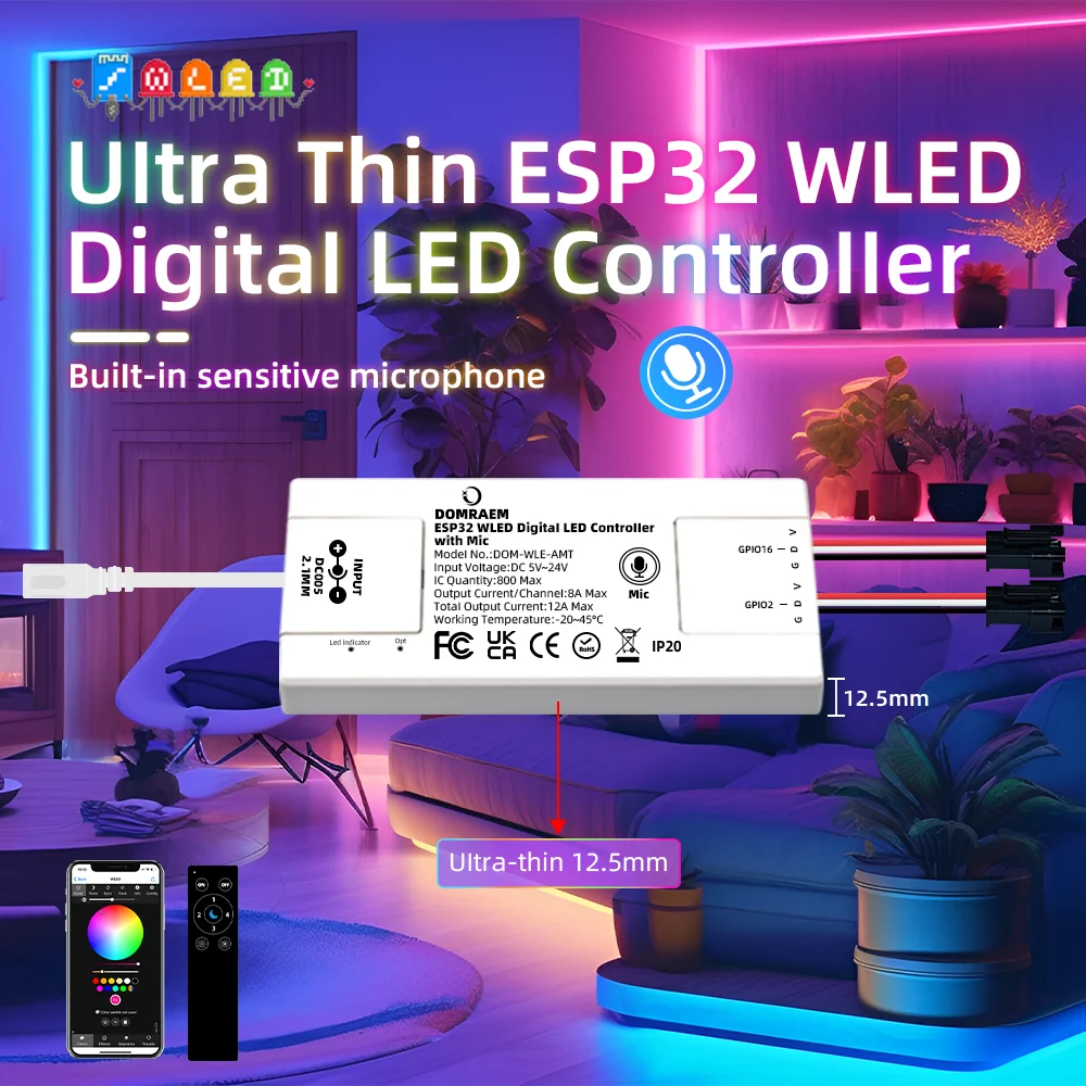 DOMRAEM ESP32 وحدة تحكم بالموسيقى رفيعة للغاية WLED قابلة للعنونة 2CH WS2811/2812/2812B/2813/2814/2815/2805/SK6812/APA102 شرائط RGB IC