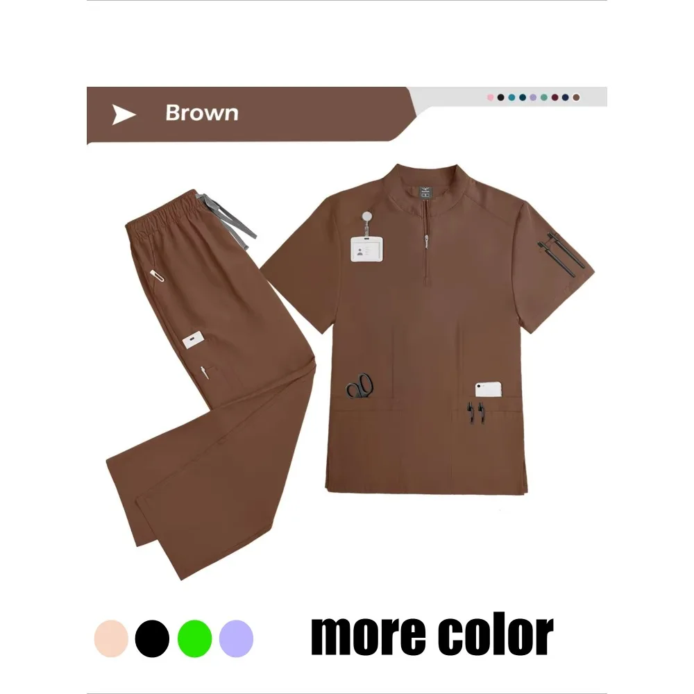Womens Fashionable Frosted Suit with Stand Up Collar Top and Jogging Pants Soft Nurse Uniform with Pockets or Work and Spa