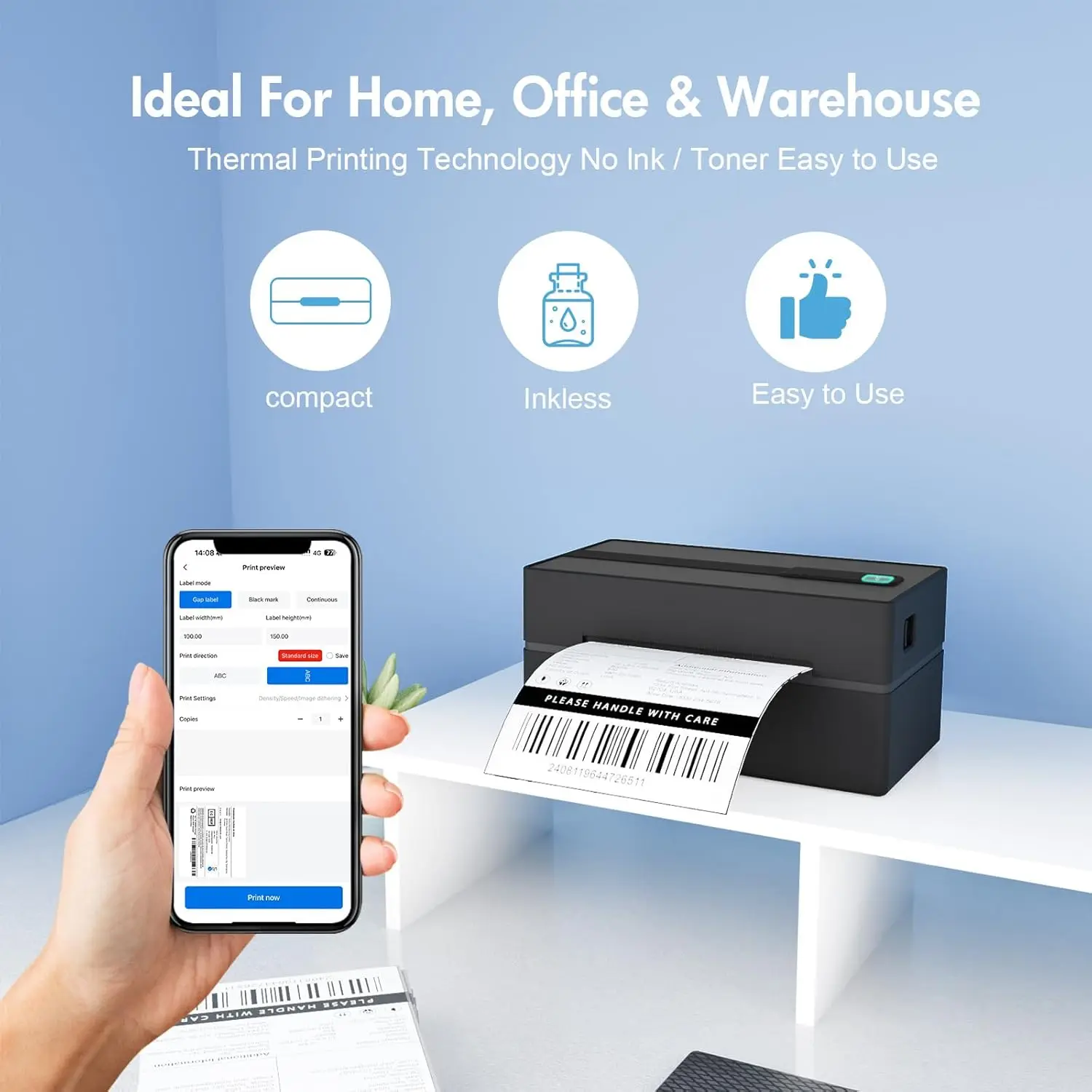 Bluetooth 4x6 shipping label thermal printer compatible with Android iPhone Windows Mac Amazon Ebay UPS USPS FedEx Shopify