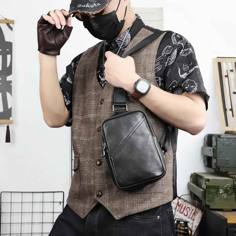 Hot Sale Men's Genuine Leather Chest Bag Large Capacity Male Messenger Shoulder Bag Classic Chest Pack