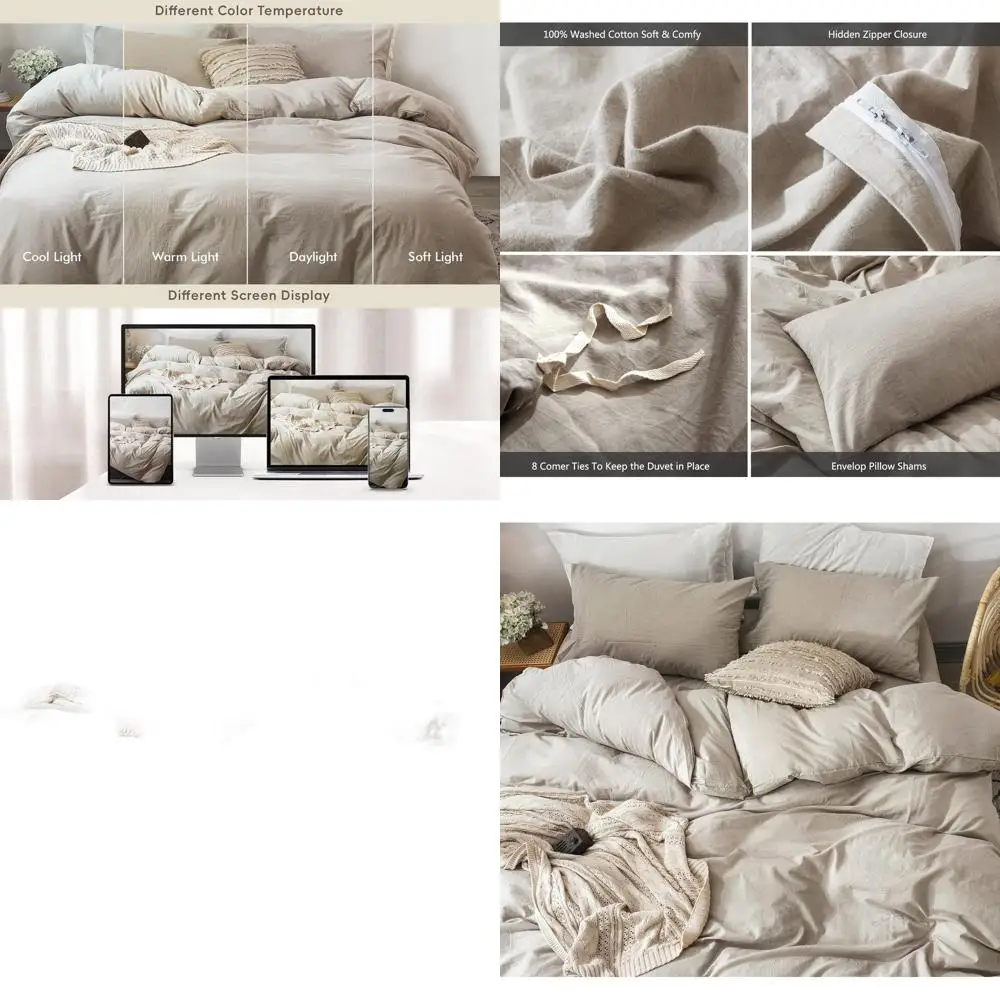 

Bedding Duvet Cover Set 100% Washed Cotton Linen Like Textured Breathable Durable Soft Comfy (Heathered Tannish Linen Grey, Full