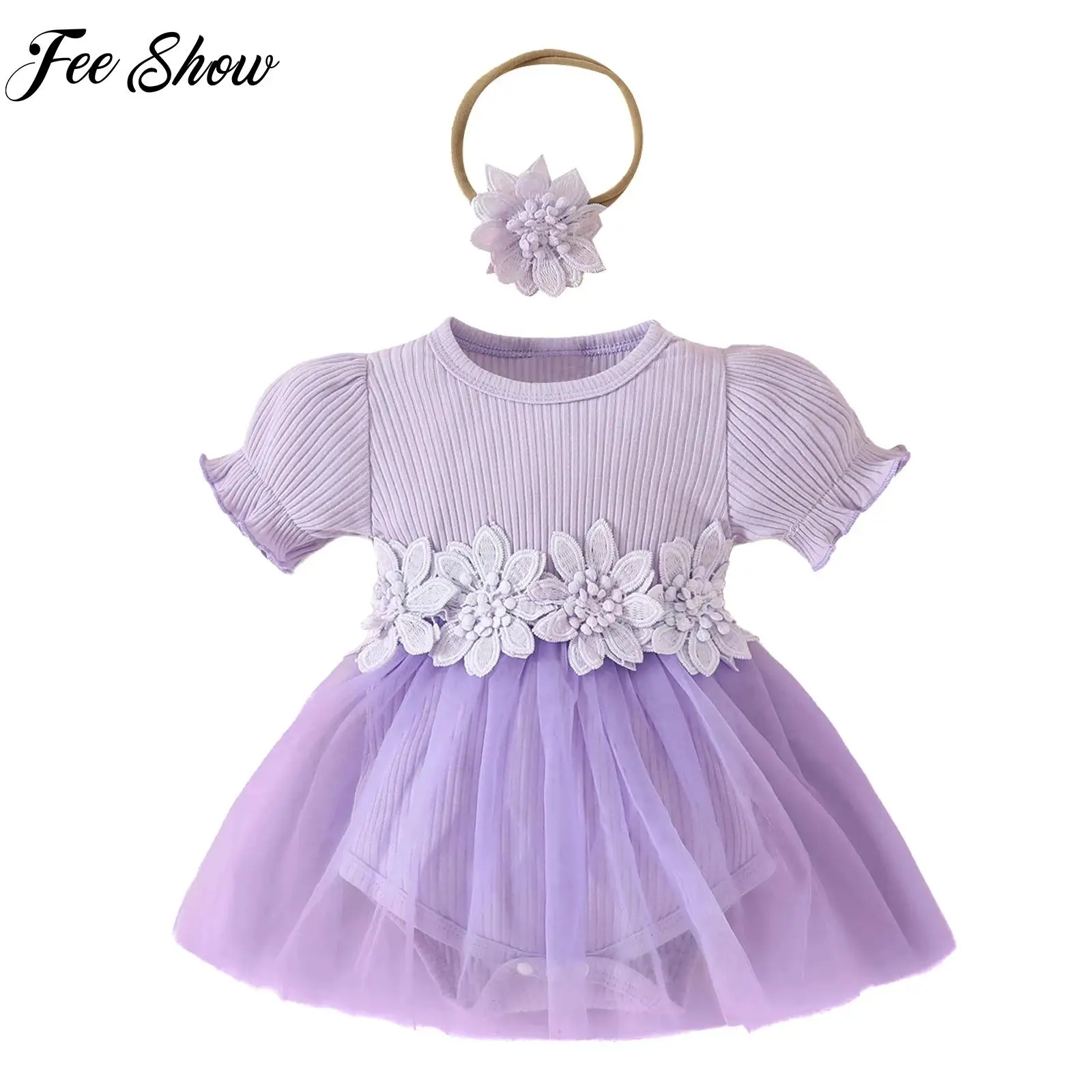 0-18M Newborn Baby Girl Romper Dress Baby Girls Mesh Tutu Dress Ribbed Jumpsuits with Headwear Birthday Party Family Costume