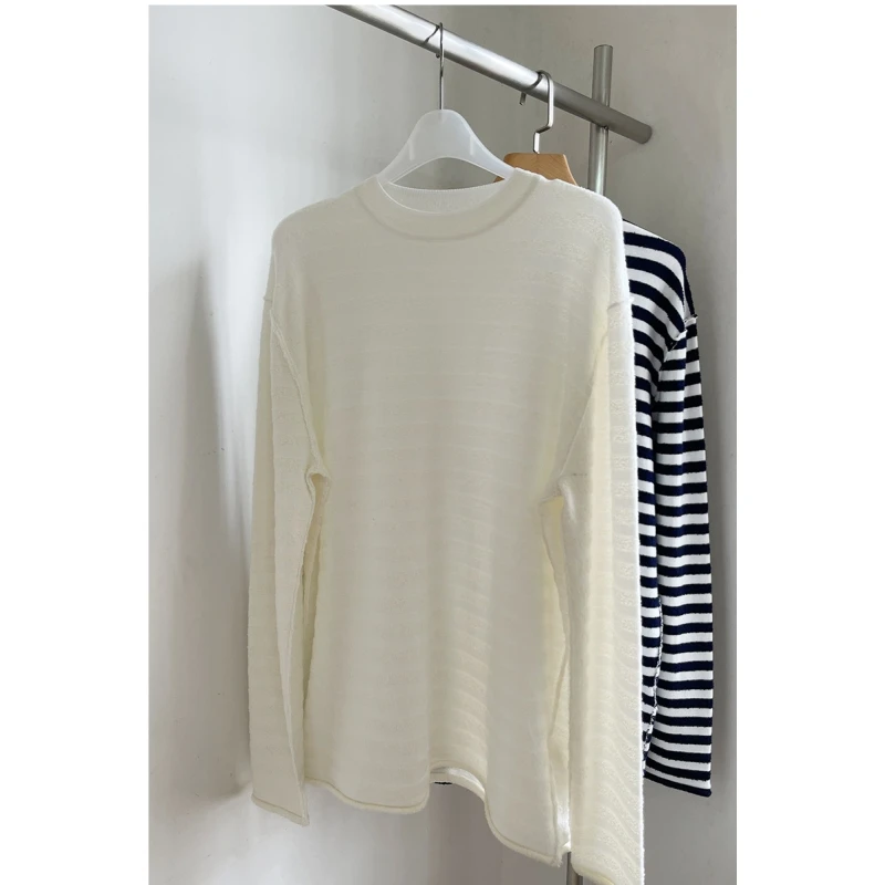 25-letni nowy sweter damski z dzianiny w niebiesko-białe paski, z okrągłym dekoltem i długimi rękawami w stylu Kendou