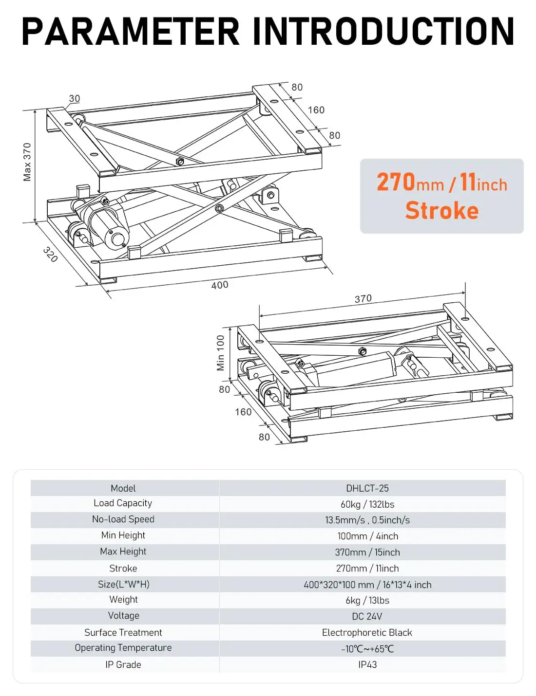 Electric Scissor Lift Table 130LB Load, 100-370MM Height Adjustable Lifting Platform