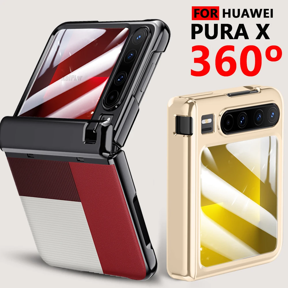 

For Huawei PURA X Lens Protection Holder Leather Glass film Shell integration bracket Hinge protection Shockproof Plating Case