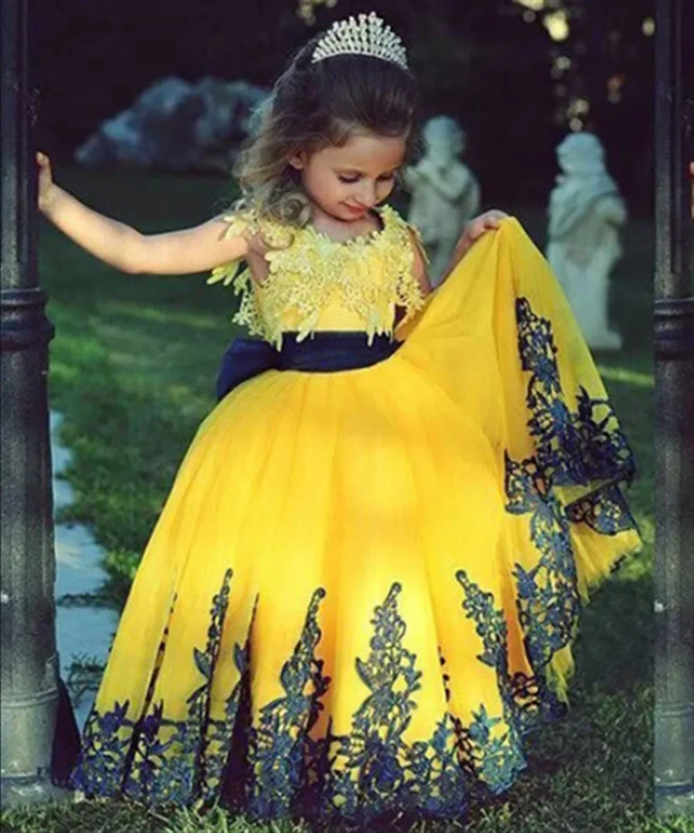 فستان زفاف فتاة الزهور الصفراء مرحبا منخفض تول يزين الدانتيل بلا أكمام المتدرج الاطفال فستان حفلة عيد ميلاد ثوب التواصل الأول #3